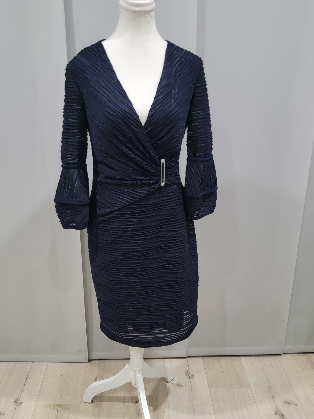 Joseph Ribkoff Navy Textured Wrap Midi Dress with Buckle Accent